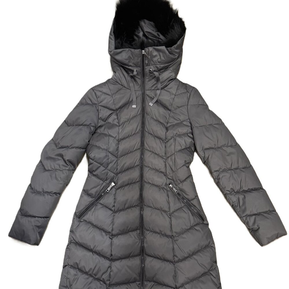TAHARI Women's XS Slim Fit Long Puffer Coat w/ Attached Faux Fur Hood/Collar